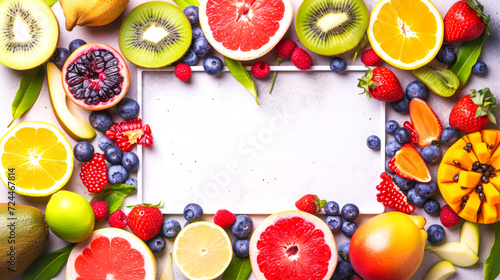 Compose an enticing backdrop using potassium-rich fruits, incorporating a central white board for copy space