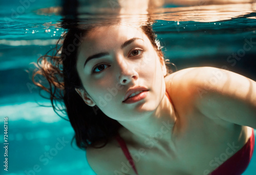 Young woman swimming underwater in the pool. Underwater portrait of a beautiful girl.