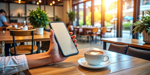 Mockup, woman's hands holding mobile phone with blank screen in coffee shop, over shoulder view