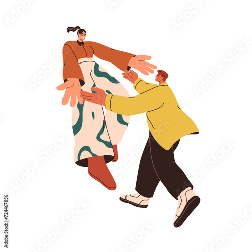 Happy couple meeting, embracing with love. Romantic man and woman going toward each other, greeting with hug. Excited people reunion. Flat graphic vector illustration isolated on white background