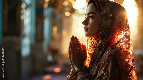 Young muslim woman prayer hijab pray to God on blur mosque background concept for eid mubarak, life and soul fasting of international islamic ramadan sunlight photo