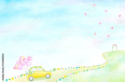 花をまとった車が道をゆくと、その先に風船が舞い上がるパーティー会場が見える。ハッピーな雰囲気あふれる水彩イラスト。