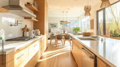 Minimalist kitchen with modern design, featuring a white interior, ideal for contemporary home settings. © CraftyImago