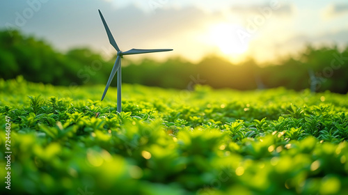 wind turbine stands in a lush green field with the sun setting in the background, representing renewable energy © weerasak