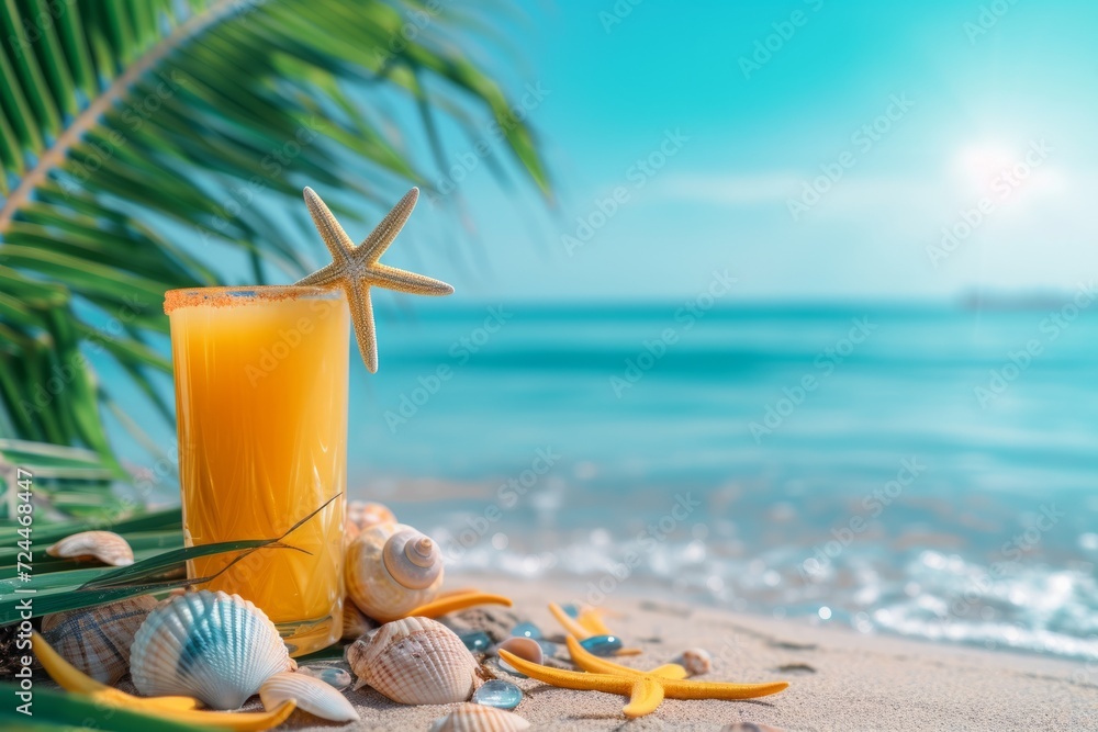 Refreshing Tropical Cocktail Garnished With Starfish, Shells, And Palm Trees By Crystalclear Sea Refreshing Tropical Cocktail Garnished With Starfish, Shells, And Palm Trees By Crystalclear Sea