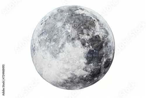 Round Painting Of Light Gray Moon With Acrylic Paints With Volume With Silver Strokes On White Background