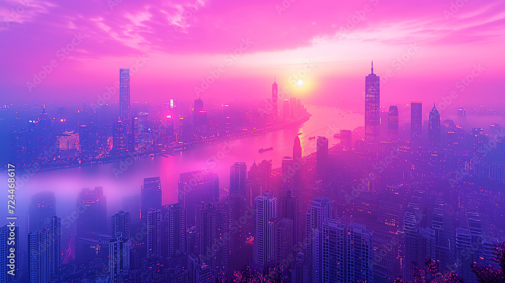 futuristic cityscape glows under a purple and pink sky at sunset, creating a sci-fi inspired atmosphere