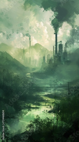 An impressionistic depiction of a landscape transitioning from industrial pollution to a clean and green environment