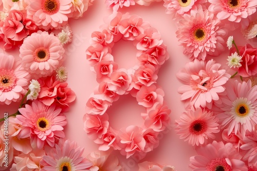 Spring Flowers Are Seen Through Cut Out Pink Paper In The Shape Of The Number
