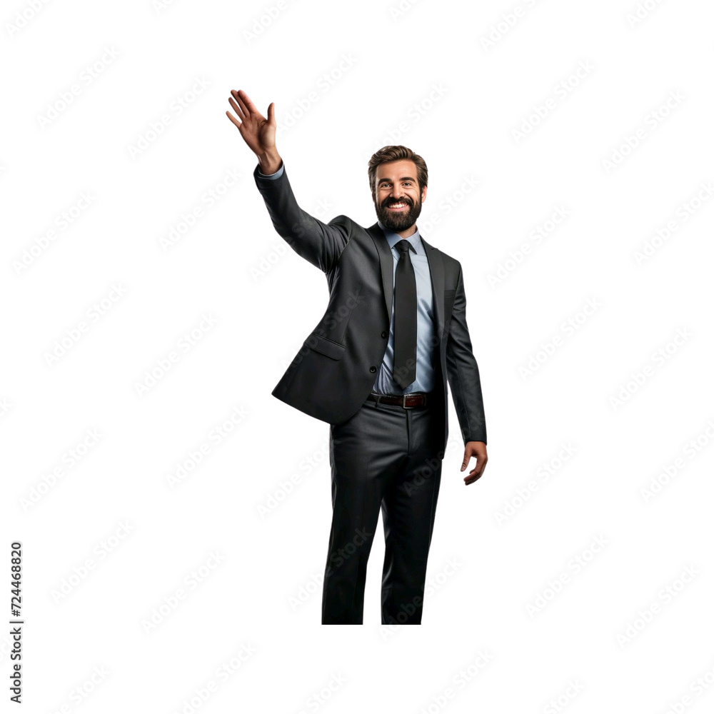 Confident businessman points up, smiling, in full black suit, exuding success and leadership Confident businessman points up, smiling, in full black suit, exuding success and leadership