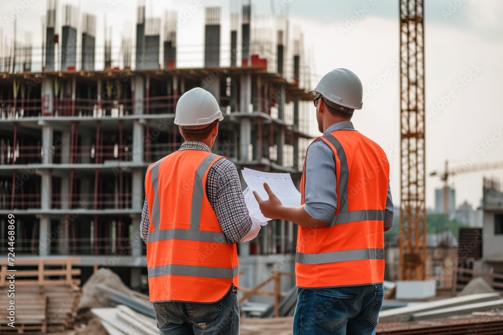 Two Professionals Discussing Real Estate Project At Construction Site Two Professionals Discussing Real Estate Project At Construction Site