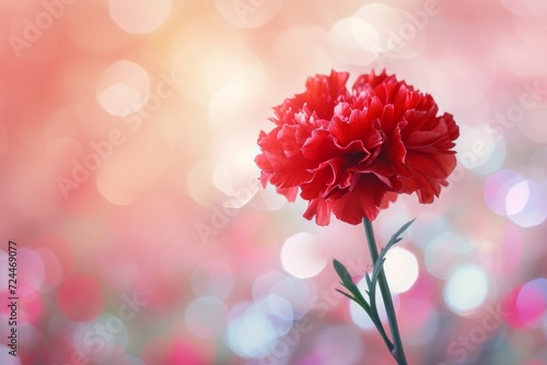 Vibrant Red Carnation Pops Against Dreamy Bokeh Backdrop, Allowing Room For Text