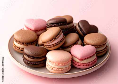 heart shaped macaroons in plate on a wooden table, valentine bakery