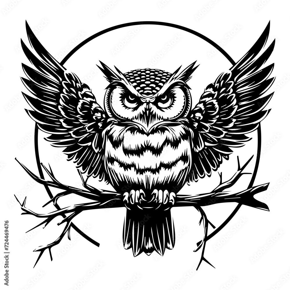 owl round emblem with ribbon, banner illustration owl round emblem with ribbon, banner illustration