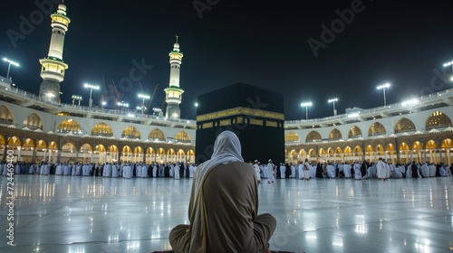 A Hajj pilgrim looks at the majestic Kaaba in the middle of the Grand Mosque complex, surrounded by thousands of pilgrims, creating an atmosphere full of solemnity and tranquility. AI Generated Images