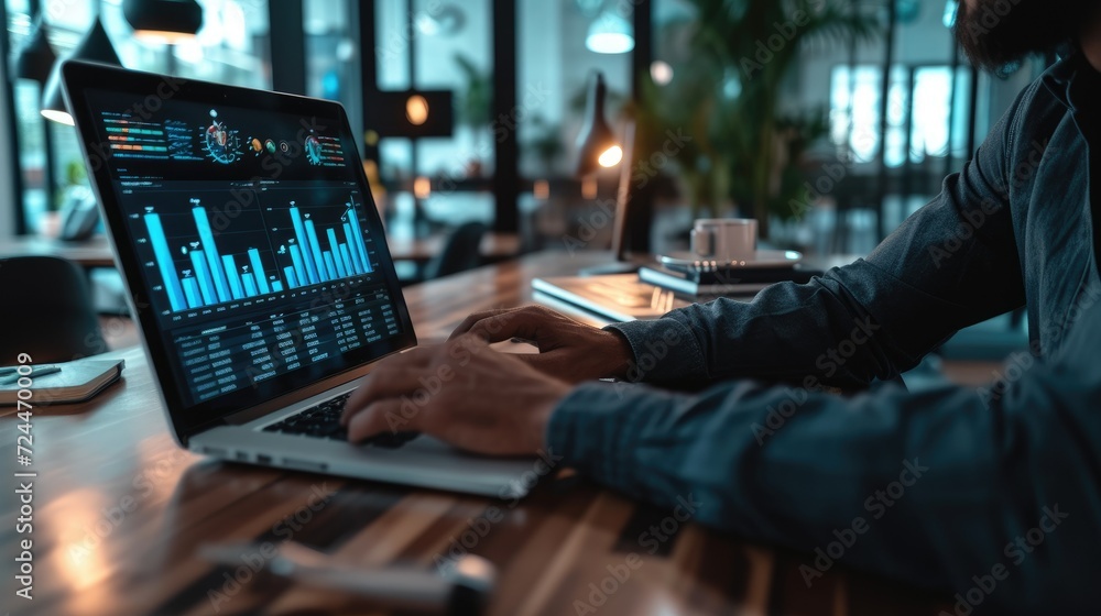 Portrait of a businessman focused on business data analysis, against the background of a laptop monitor displaying financial market charts, in a modern and futuristic office, AI Generated Images Portrait of a businessman focused on business data analysis, against the background of a laptop monitor displaying financial market charts, in a modern and futuristic office, AI Generated Images