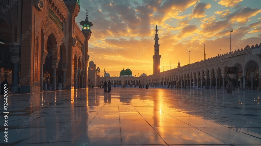 courtyard of the Prophet's Mosque in Medina at sunset, stunning golden orange color, Ai Generated Images - obrazy, fototapety, plakaty 