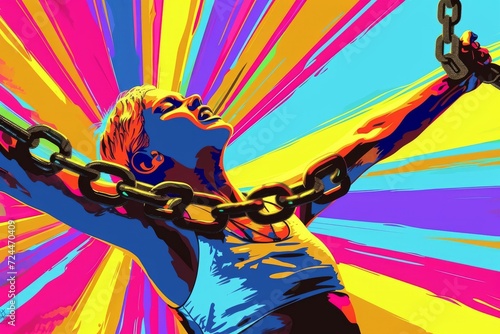 A bold and bright illustration of a figure breaking free from chains, symbolizing liberation from mental health struggles