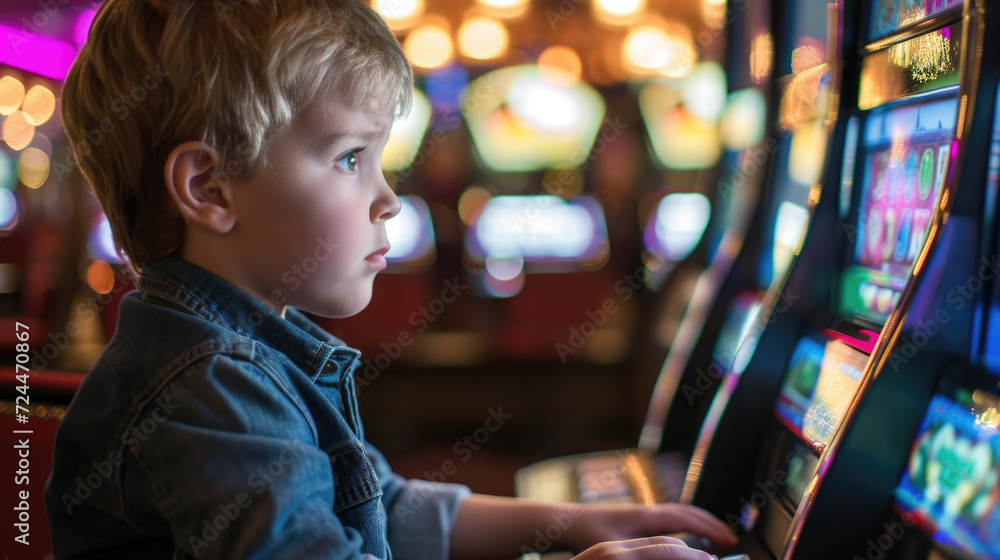 Young Boy Playing Slot Machine in Casino