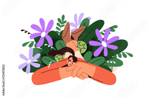 Happy young woman lying among spring flowers. Girl relaxing in summer blossomed nature with gentle field blooms. Female and garden plants. Flat vector illustration isolated on white background