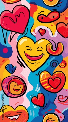 A bold and colorful pop art illustration featuring symbols of positivity and wellness, like hearts and smiley faces, in a dynamic layout