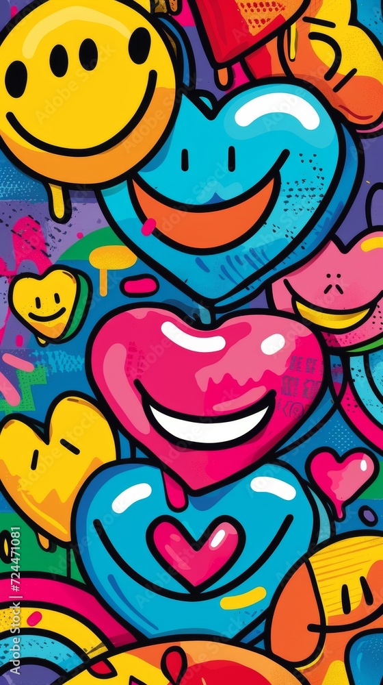 A bold and colorful pop art illustration featuring symbols of positivity and wellness, like hearts and smiley faces, in a dynamic layout