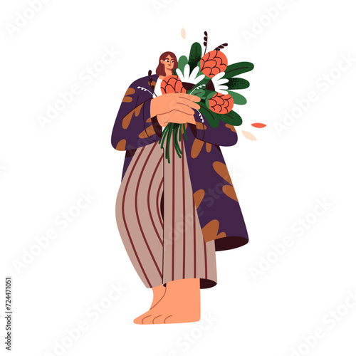 Happy girl holding flower bunch. Young modern woman with spring floral bouquet in hands. Female character with summer blossomed blooming plants. Flat vector illustration isolated on white background