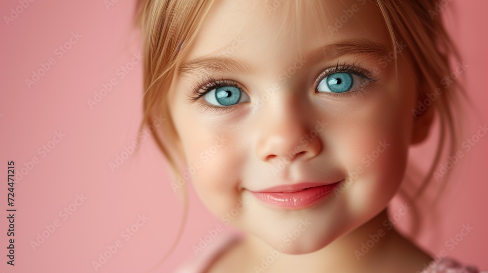 Close-up of a cheerful toddler girl on a pink background. Close-up of a cheerful toddler girl on a pink background.