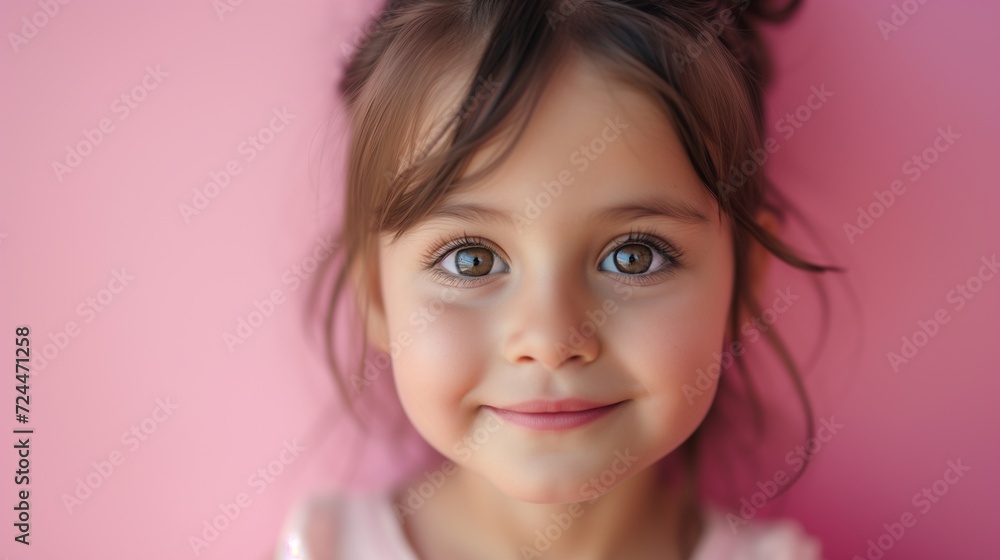 Close-up of a cheerful toddler girl on a pink background. Close-up of a cheerful toddler girl on a pink background.