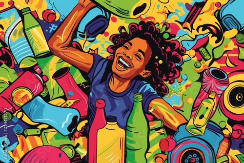 A vibrant, pop art-style illustration showing a person happily sorting recyclables, with bold colors and fun patterns