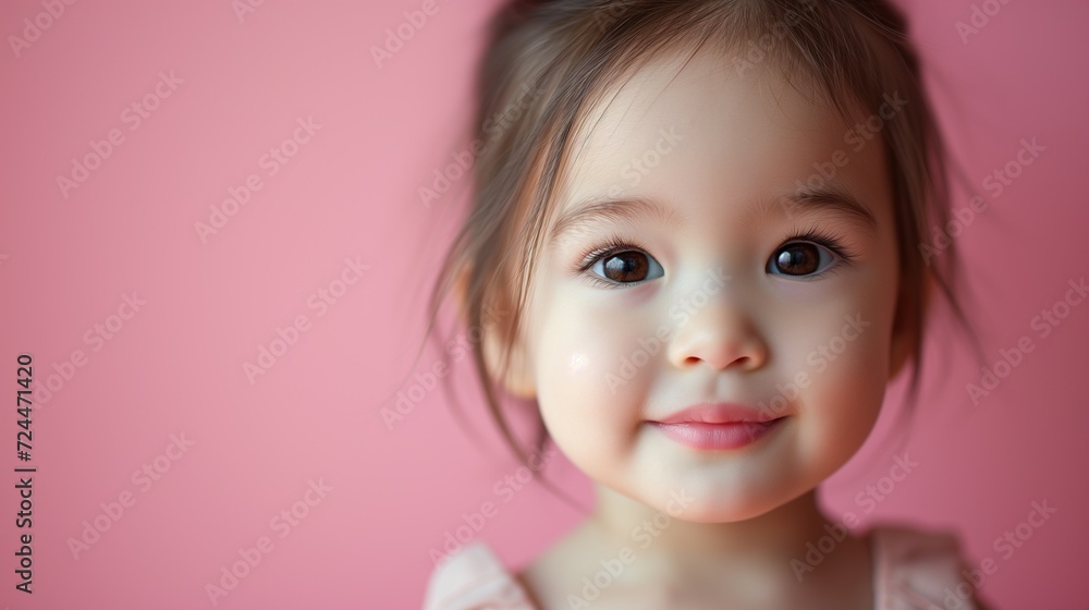 Close-up of a cheerful toddler girl on a pink background. Close-up of a cheerful toddler girl on a pink background.