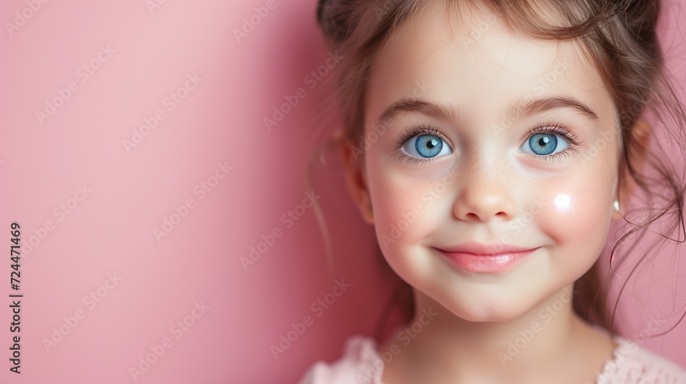 Close-up of a cheerful toddler girl on a pink background. Close-up of a cheerful toddler girl on a pink background.
