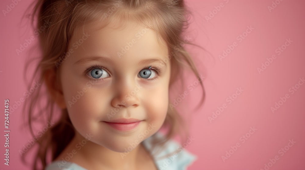 Close-up of a cheerful toddler girl on a pink background. Close-up of a cheerful toddler girl on a pink background.
