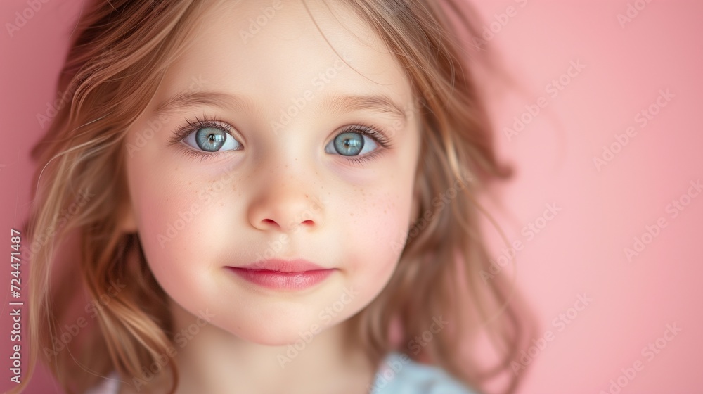 Close-up of a cheerful toddler girl on a pink background. Close-up of a cheerful toddler girl on a pink background.