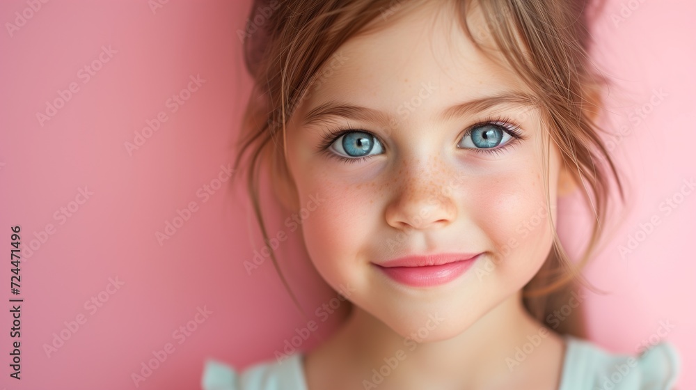 Close-up of a cheerful toddler girl on a pink background. Close-up of a cheerful toddler girl on a pink background.