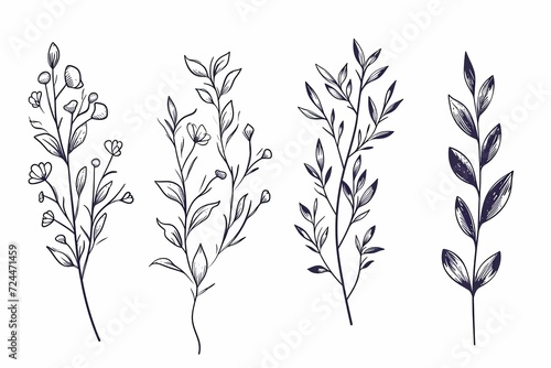 Hand drawn floral branch and minimalist flowers for logo or tattoo on white background