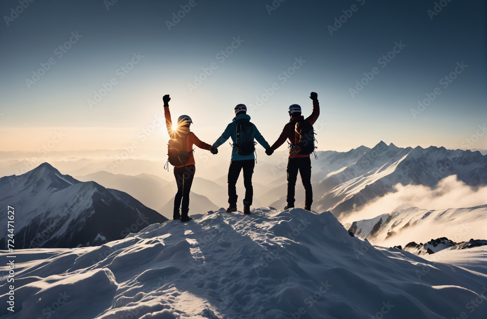 Together overcoming obstacles with three people raise their hands up in the air on mountain top, celebrating success and achievements
