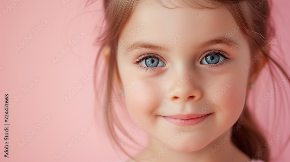 Close-up of a cheerful toddler girl on a pink background. Close-up of a cheerful toddler girl on a pink background.