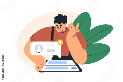 Person receiving message notice. Incoming SMS notification. Man using internet messenger on tablet computer. Online communication concept. Flat graphic vector illustration isolated on white background