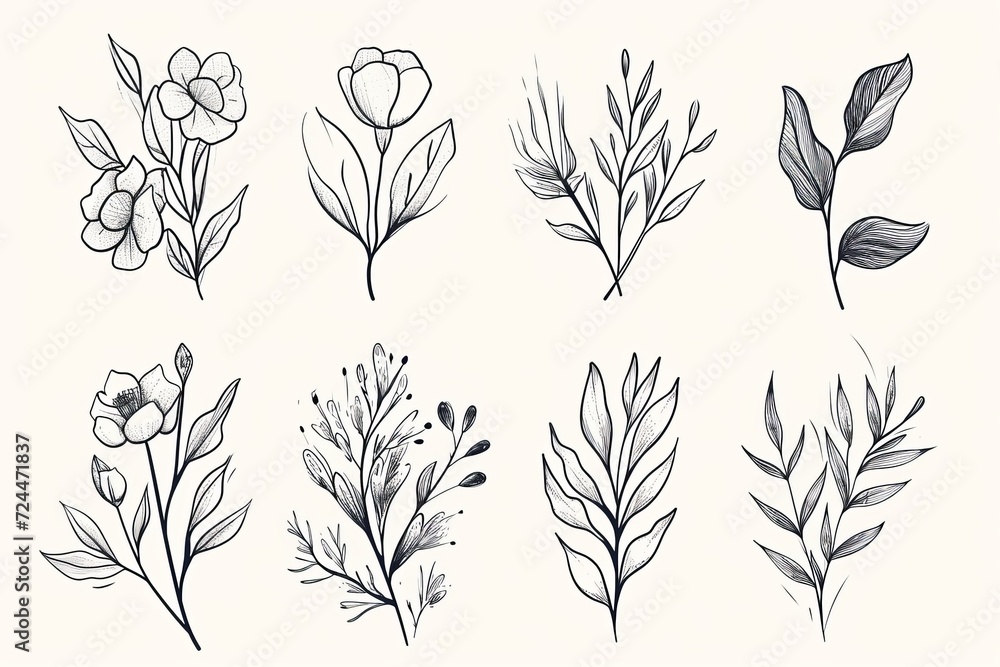 Hand drawn floral branch and minimalist flowers for logo or tattoo on white background Hand drawn floral branch and minimalist flowers for logo or tattoo on white background