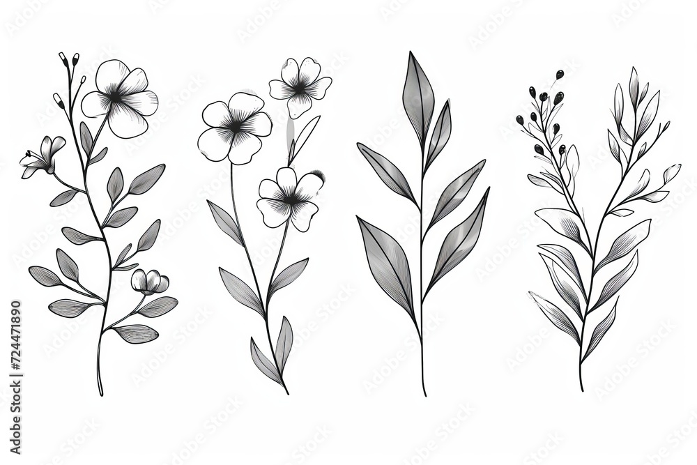 Hand drawn floral branch and minimalist flowers for logo or tattoo on white background Hand drawn floral branch and minimalist flowers for logo or tattoo on white background