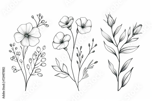 Hand drawn floral branch and minimalist flowers for logo or tattoo on white background