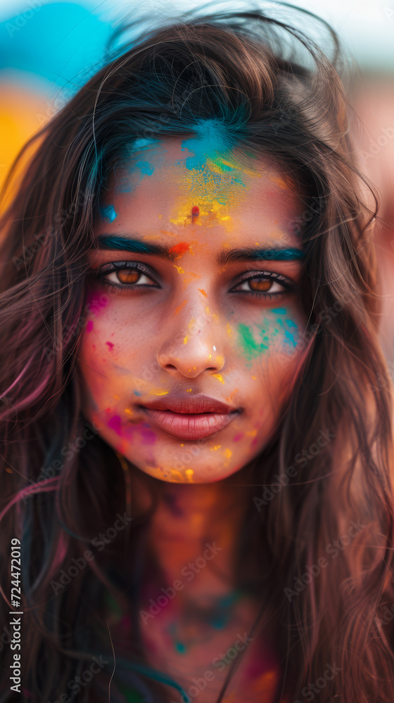 Beautiful young Indian woman with her face painted during the Holi festival in India Beautiful young Indian woman with her face painted during the Holi festival in India
