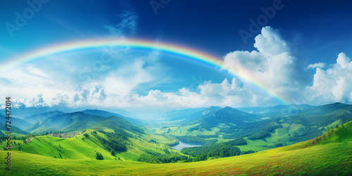 A rainbow over a green field with a rainbow in the background.