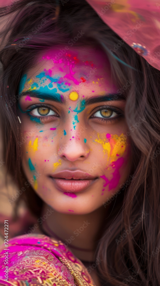 Beautiful young Indian woman with her face painted during the Holi festival in India Beautiful young Indian woman with her face painted during the Holi festival in India