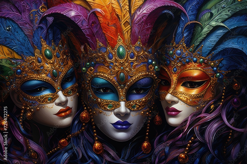 Enigmatic Trio: Lavish Mardi Gras Masks in a Burst of Colors Generative AI