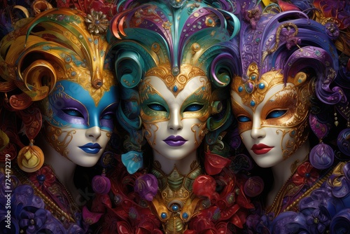 Enigmatic Trio: Lavish Mardi Gras Masks in a Burst of Colors Generative AI © Gelpi