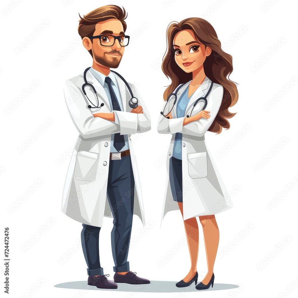 Portrait Cute Two Doctors On White Background, Illustrations Images Portrait Cute Two Doctors On White Background, Illustrations Images