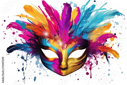 Splash of Colors: Artistic Carnival Mask with Vibrant Feathers Generative AI