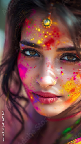 Beautiful young Indian woman with her face painted during the Holi festival in India © JuanM